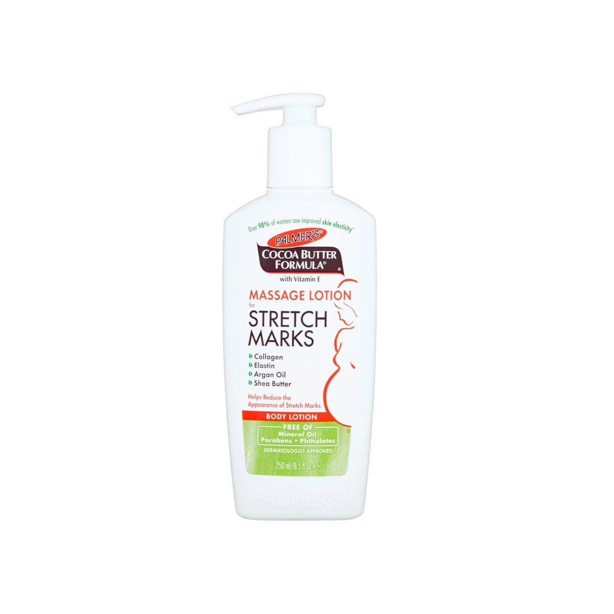 Palmer's Cocoa Butter Formula Massage Lotion for stretch marks, 8.5 fl oz, in a white bottle with a pump dispenser.