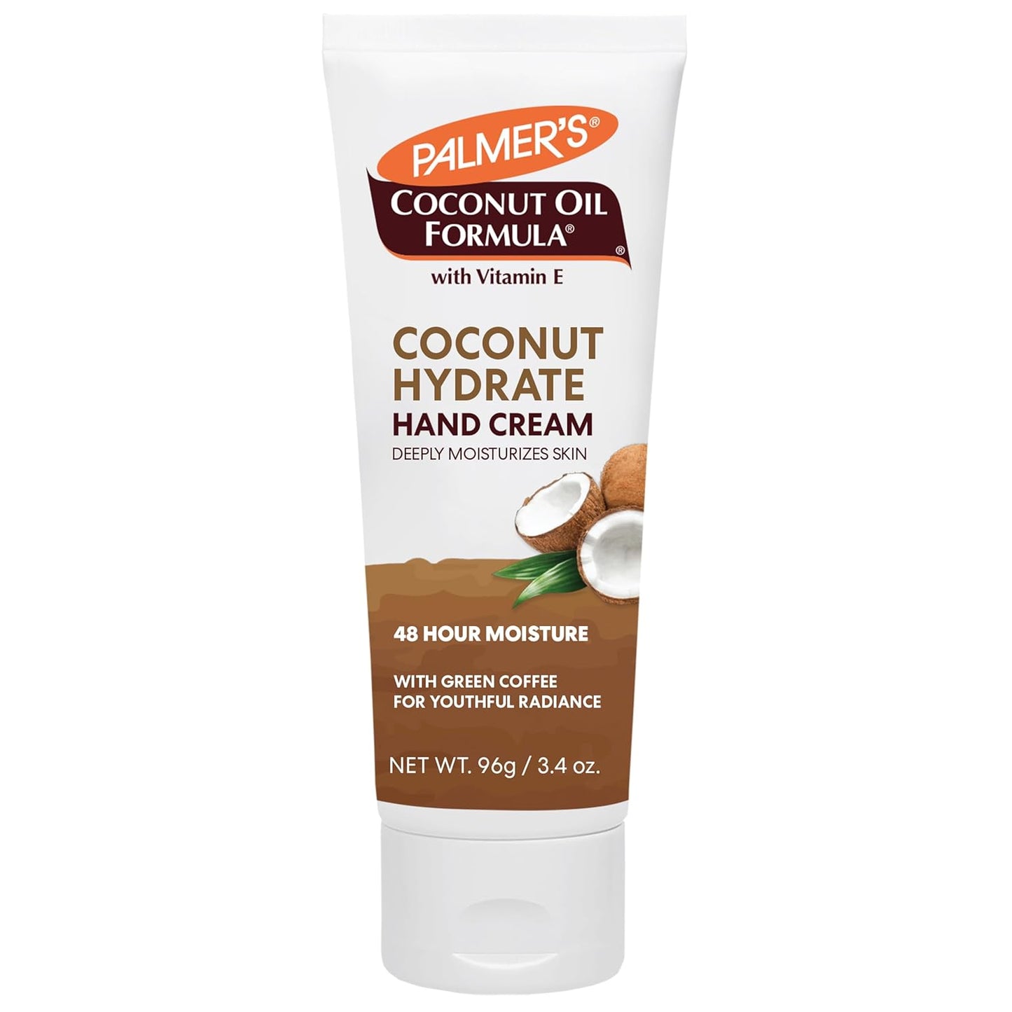 Palmer's Coconut Oil Formula Hand Cream in 3.4 oz tube, moisturizing lotion with coconut oil, designed for soft, hydrated hands.