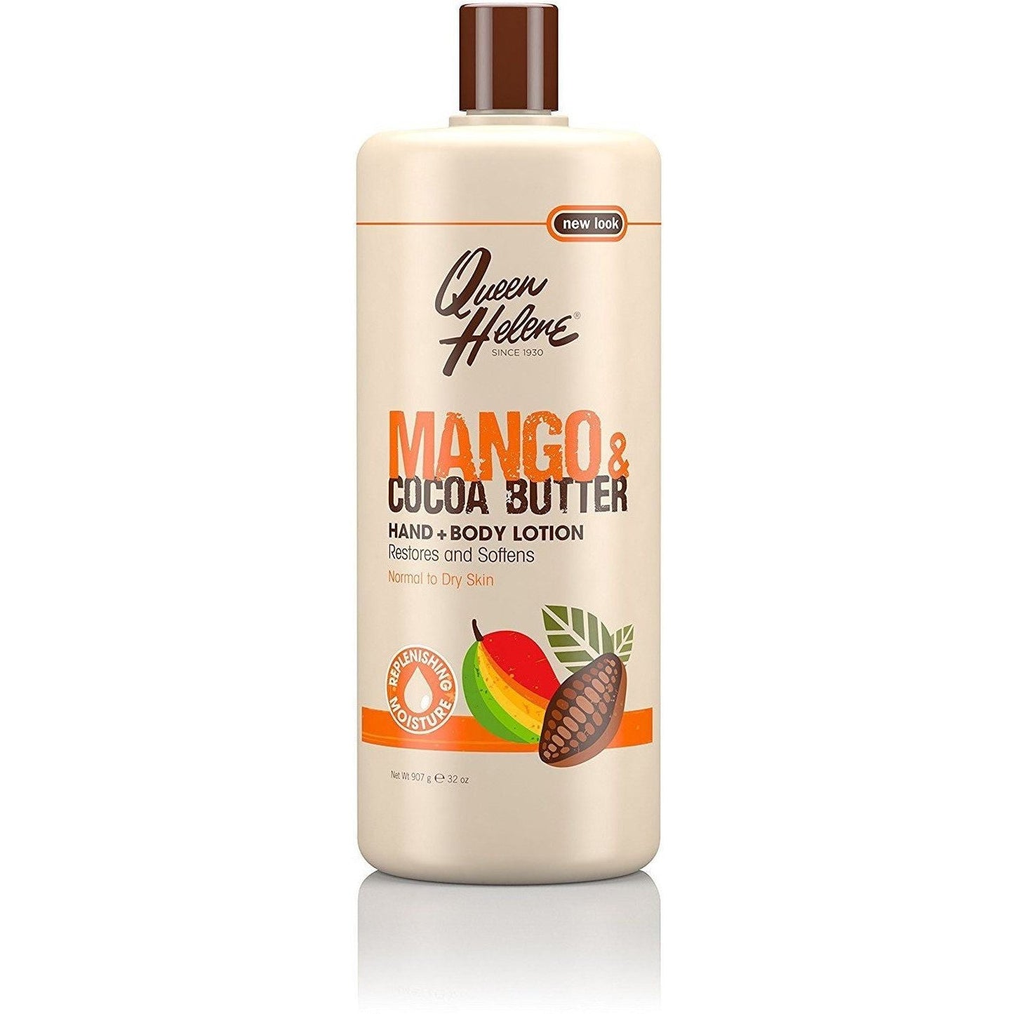 Queen Helene Mango & Cocoa Butter Hand and Body Lotion in a white bottle with a flip-top cap, moisturizing skin.