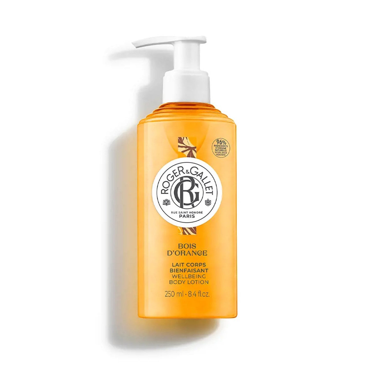 Roger & Gallet Bois D'Orange Welbeing Body Lotion in 250ml bottle, moisturizing lotion with orange blossom scent.