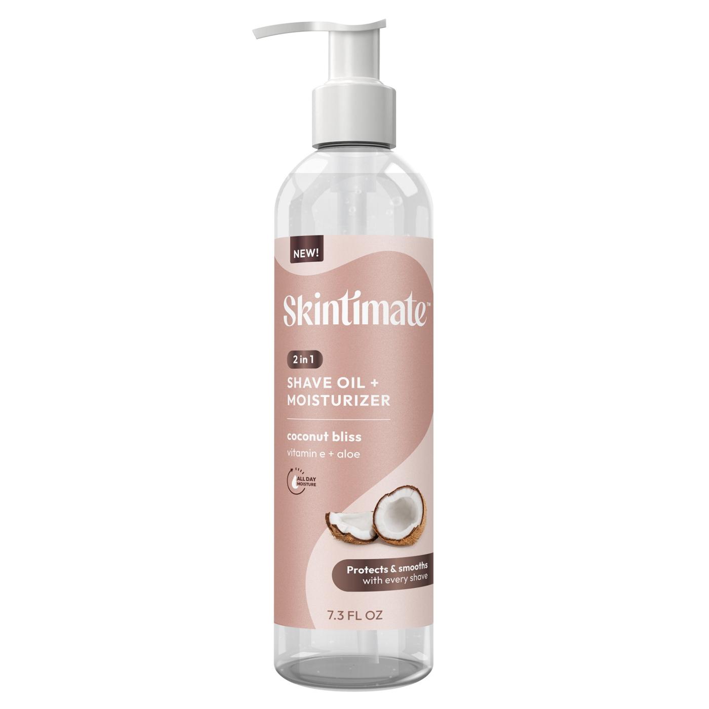 Skintimate 2-in-1 shave oil and moisturizer in Coconut Bliss, 7.3 oz bottle, with smooth lotion and moisturizing ingredients visible.