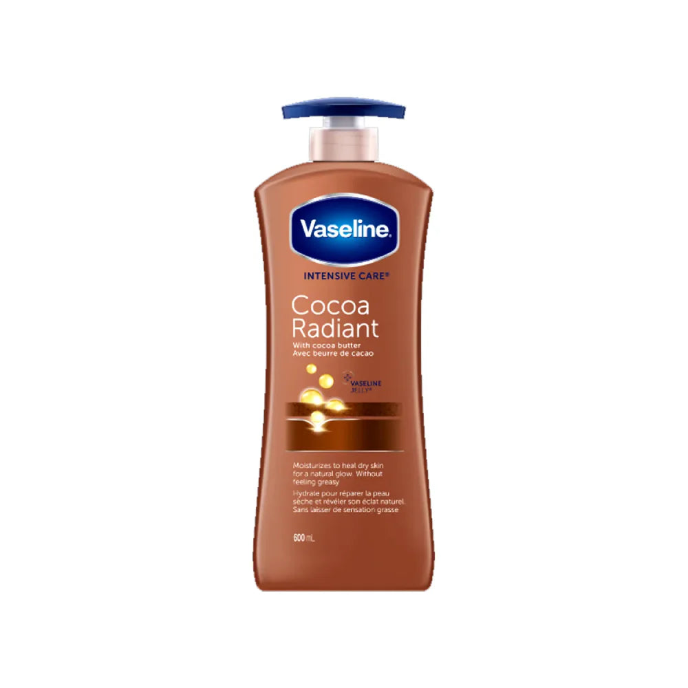 Vaseline Intensive Care Cocoa Radiant Body Lotion in a 20.3 fl oz bottle, moisturizing and nourishing skin with cocoa extract.