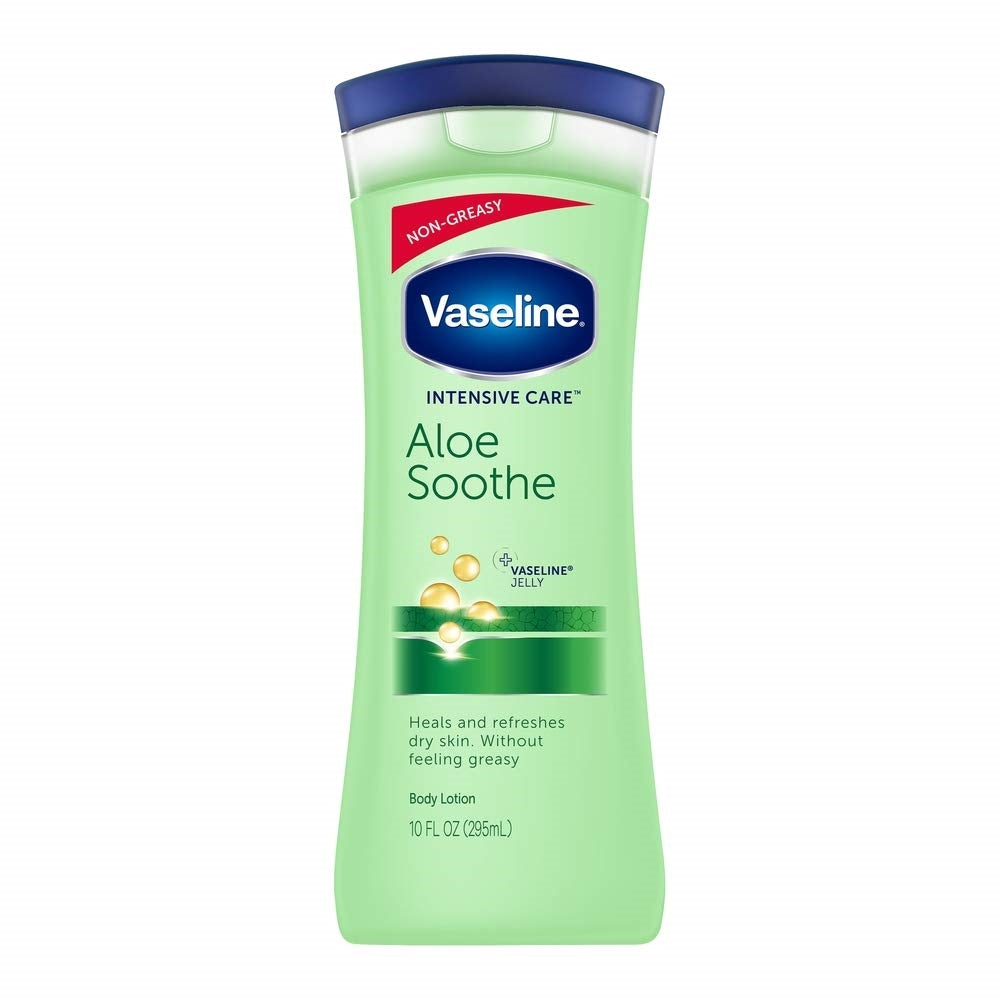 Vaseline Intensive Care Essential Healing Body Lotion in 10 oz bottle, moisturizing and nourishing skin with creamy lotion.