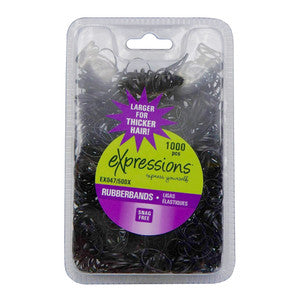 Black Expressions Rubber Bands Snag-Free for makeup, 100-count pack by Pasteur Pharmacy, shown holding or arranged for styling.