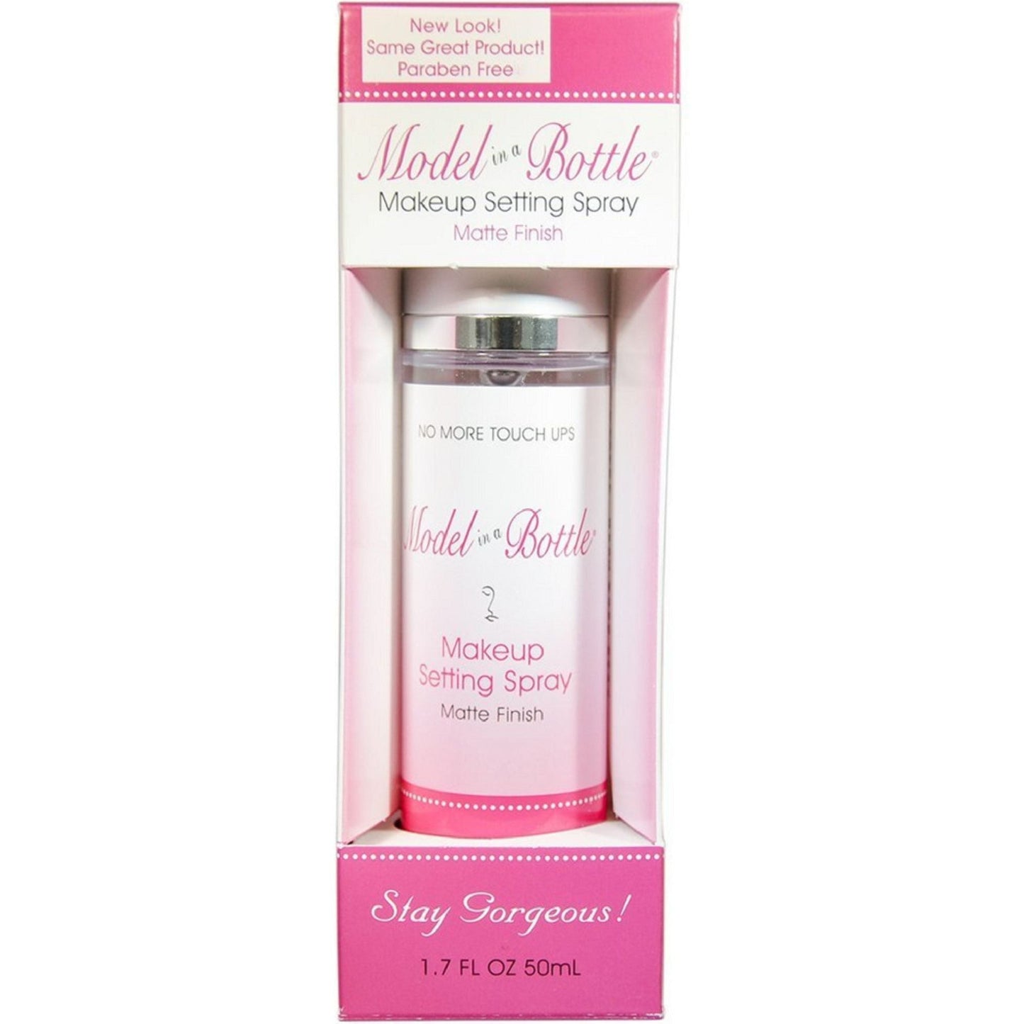 Model in a Bottle Original Makeup Setting Spray 1.7 oz, clear bottle with spray nozzle, for setting and refreshing makeup.