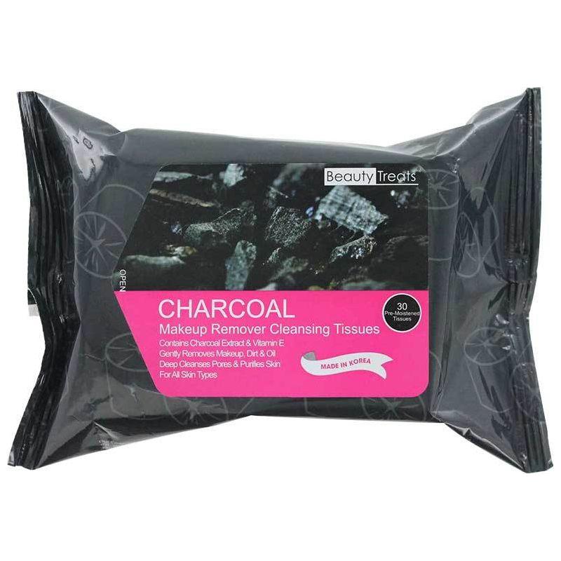 Beauty Treats charcoal makeup remover cleaning tissues by Pasteur Pharmacy, 30 count, soft wipes for removing makeup and impurities.