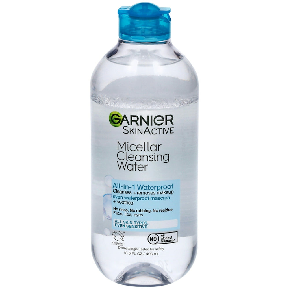 Garnier SkinActive Waterproof Micellar Cleansing Water in 13.5 fl oz bottle, makeup remover for waterproof cosmetics