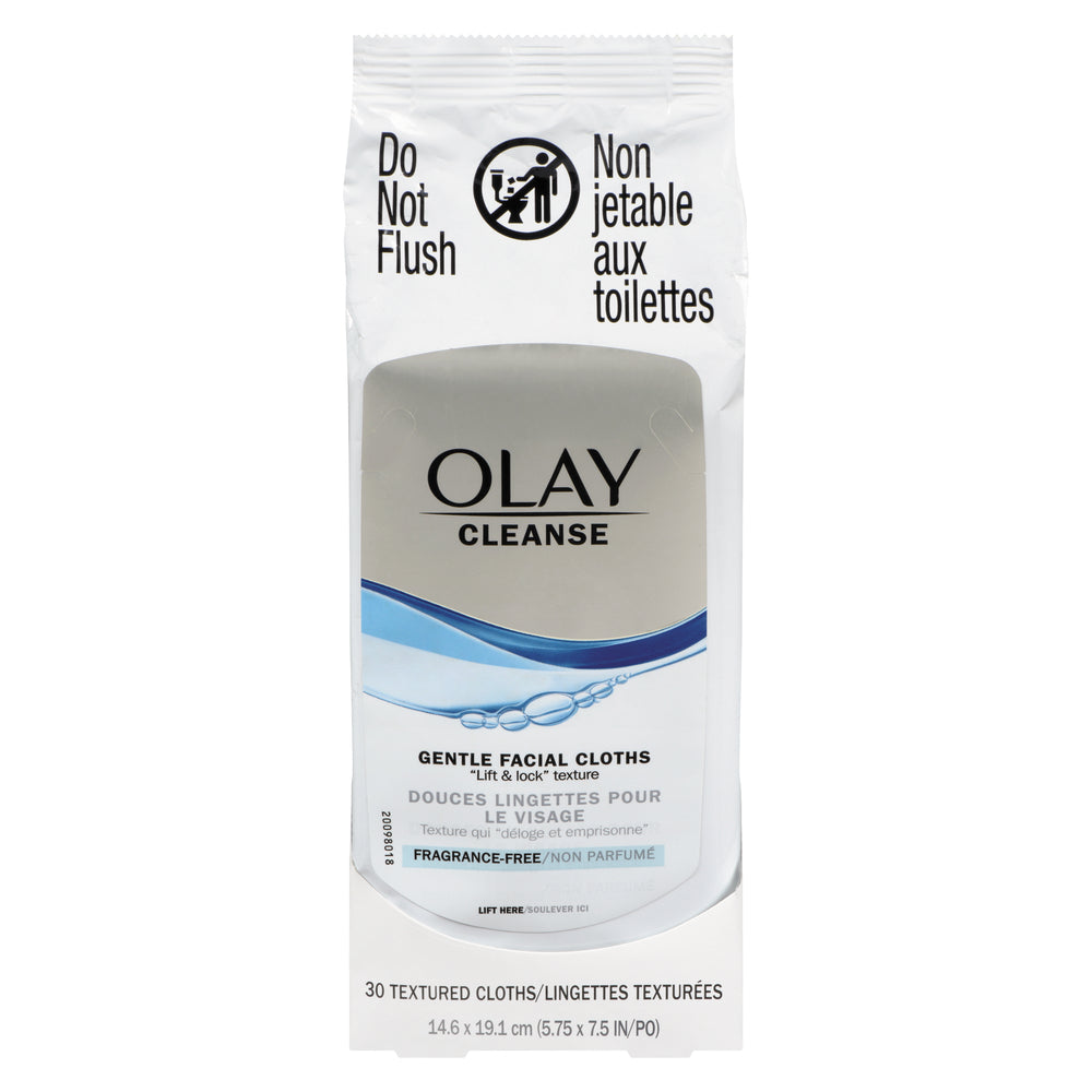 Gentle facial cloths by Olay Cleanse for makeup removal, fragrance-free, shown in a clear, soft pack with cloths visible.