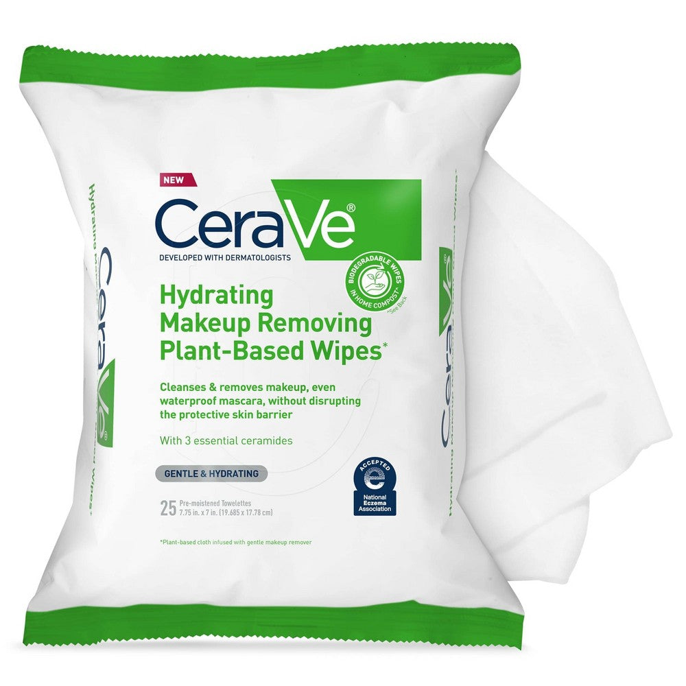 CeraVe Hydrating Makeup Removing Plant-Based Wipes, gentle makeup remover wipes with hydrating ingredients, shown in packaging.