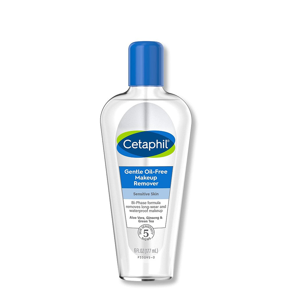 Cetaphil Gentle Waterproof Makeup Remover bottle, 6oz, with clear label, designed for gentle removal of waterproof makeup.