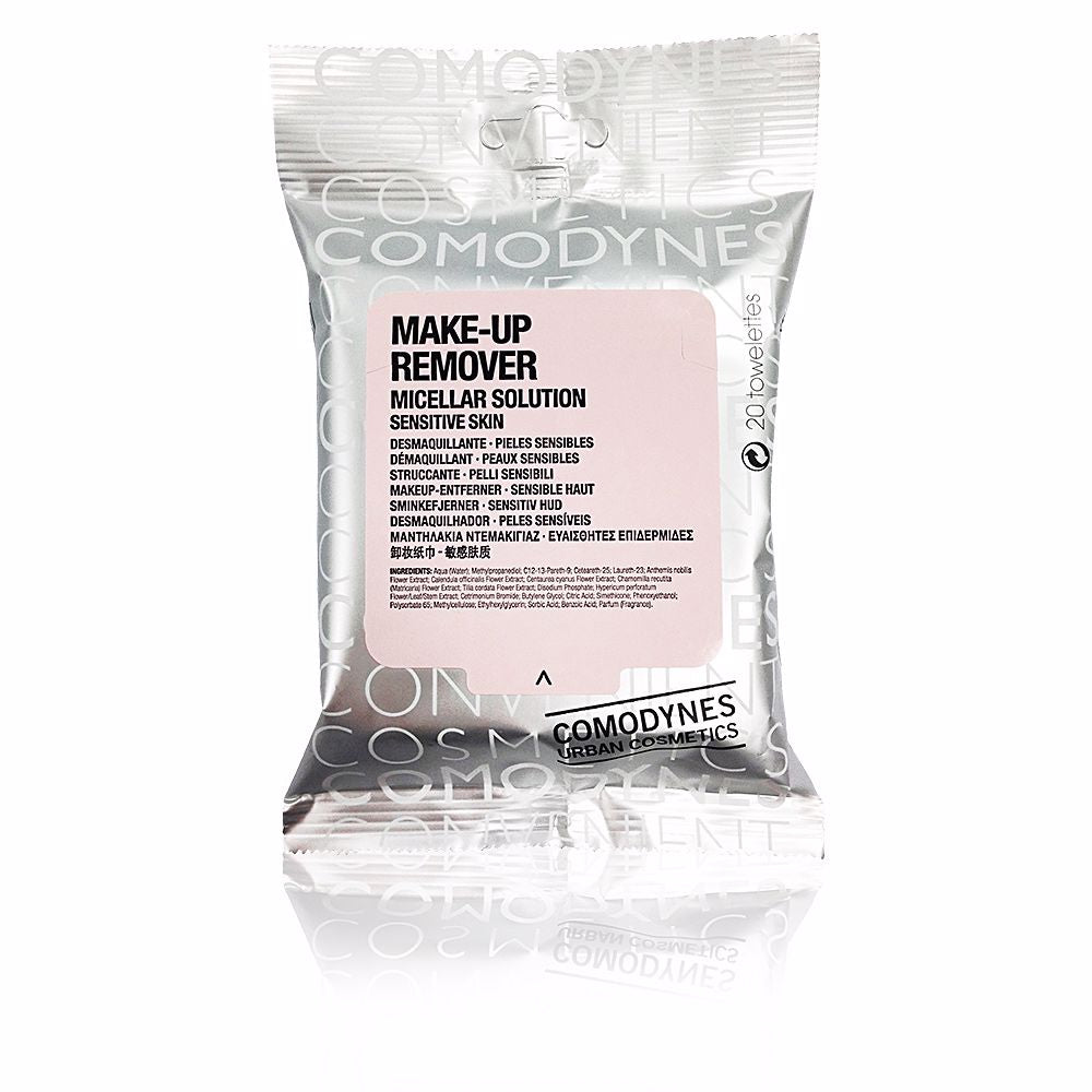 Comodynes makeup remover micellar solution for sensitive skin, 20pcs, gentle cleansing wipes for face and eyes.