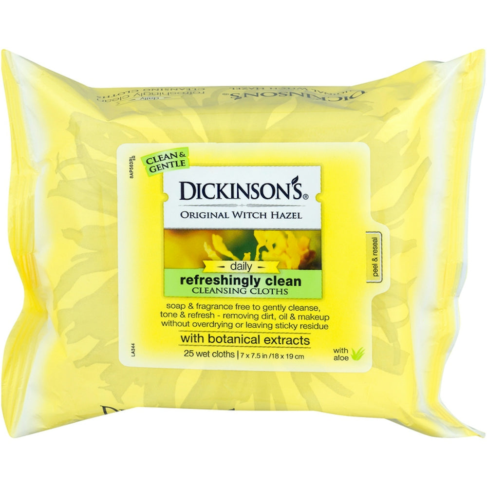 Dickinson's Original Refreshingly Clean Daily Cleansing Cloths with witch hazel and aloe, 25 count makeup remover wipes.