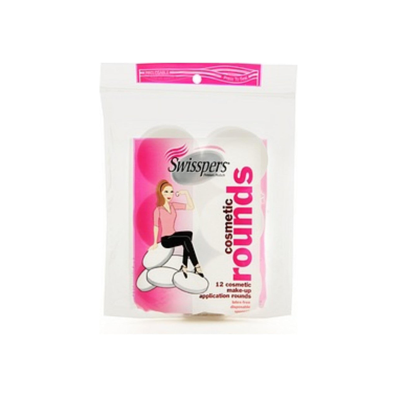 Swisspers Cosmetic Rounds latex-free makeup sponges, soft and round, ideal for applying and blending cosmetics.