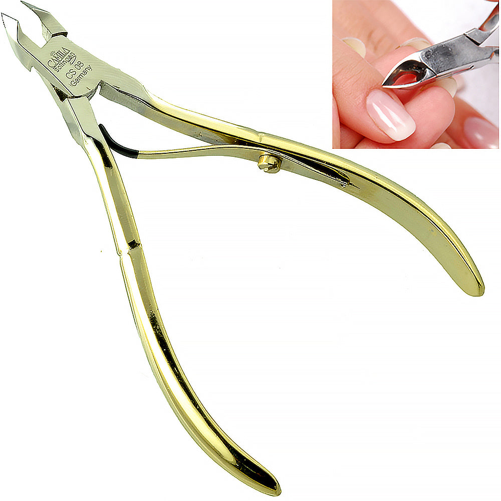 Camila Solingen gold plated cuticle cutter with 5mm blade for manicure and pedicure, featuring precise grooming tools.