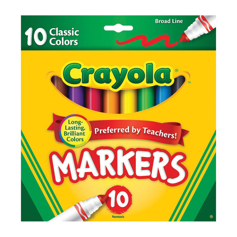 Crayola Broad Line Markers in classic colors, 10-pack, colorful marker tips with vibrant ink, ideal for art and craft projects.