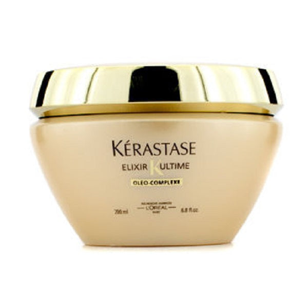 Kerastase Elixir Ultime Beautifying Oil Mask in 200ml jar, creamy hair treatment with luxurious gold accents.