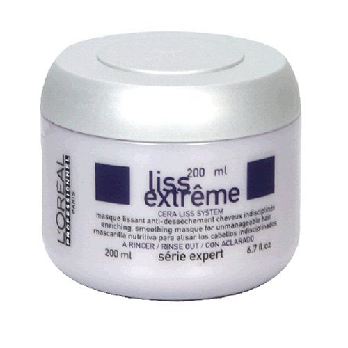 L'Oreal Series Expert Liss-Extreme Smoothing Masque in 6.7 oz jar, designed for frizz control and sleek hair.