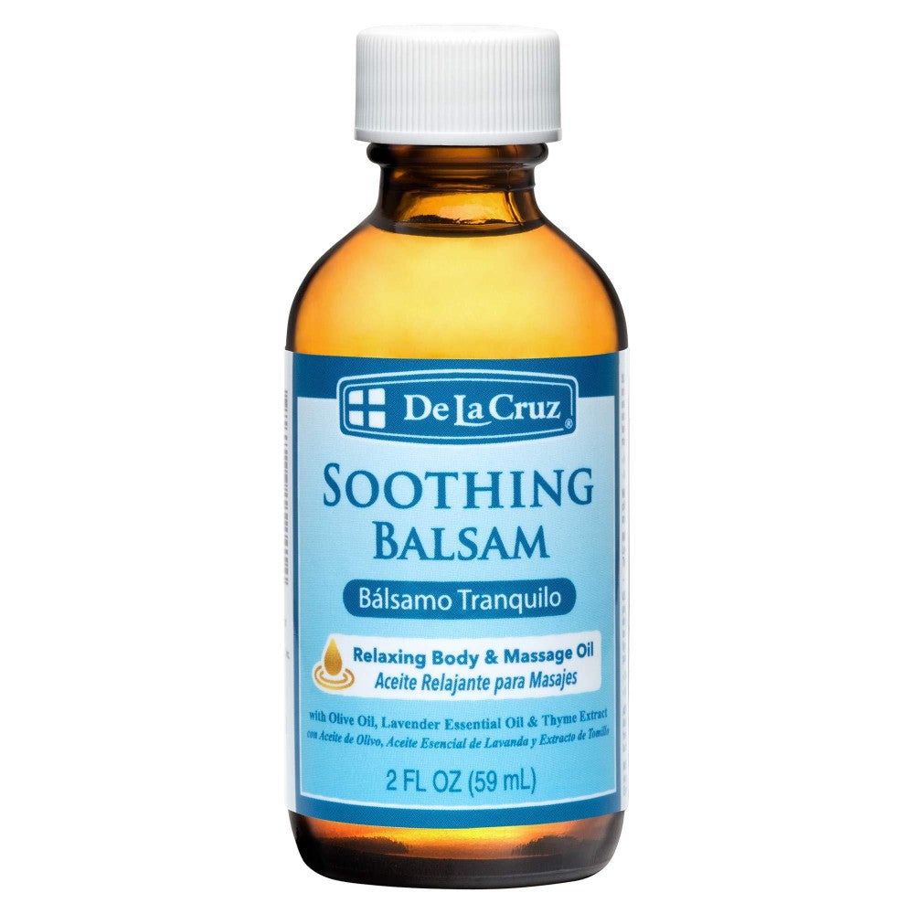 De La Cruz Soothing Balsam Massage Oil by Pasteur Pharmacy, 2 fl oz, natural, preservative-free, made in the USA.