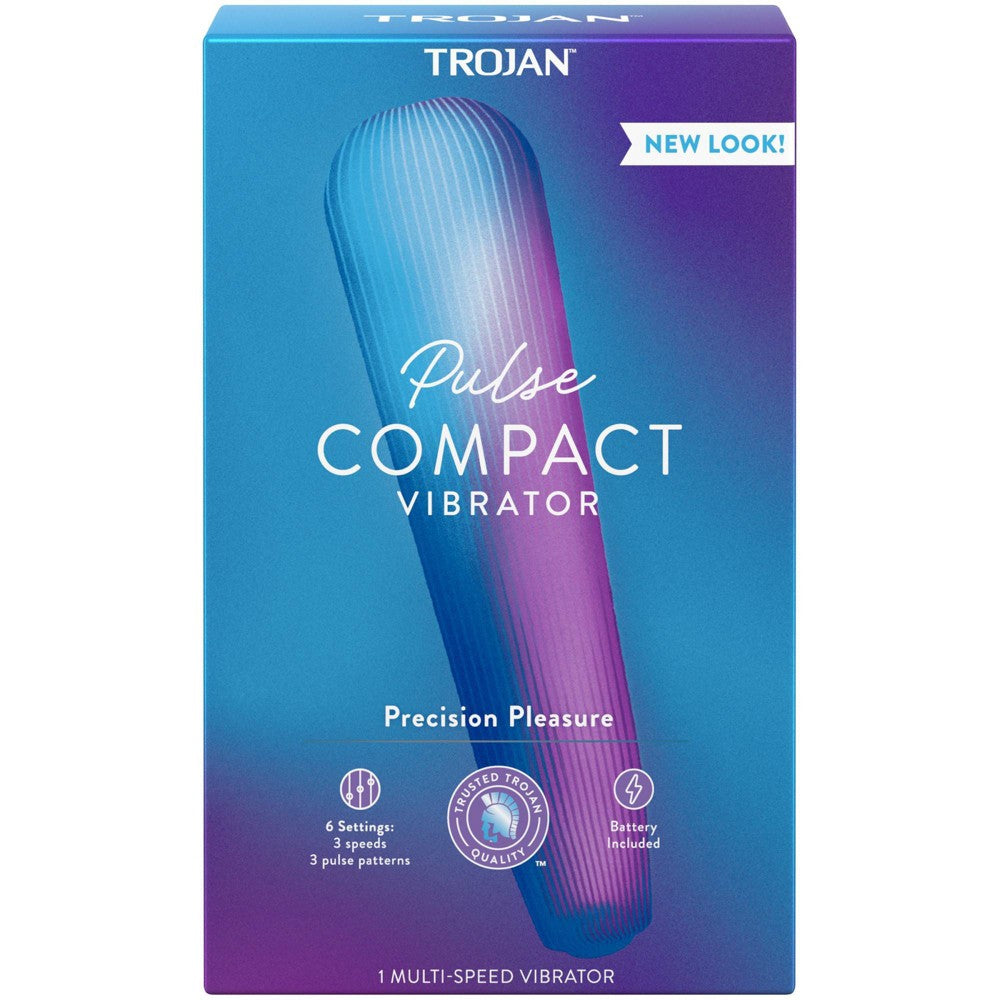 Trojan Pulse intimate vibrating massager in black, compact design with control buttons for personal use.