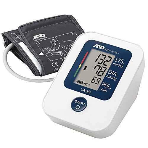 A&D Medical Deluxe Upper Arm Blood Pressure Monitor with wide-range cuff, featuring digital display and adjustable arm cuff.