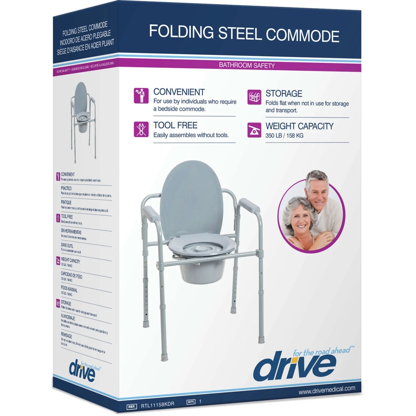 Steel folding frame commode by Drive Medical, sturdy medical commode with adjustable height and foldable design for easy storage