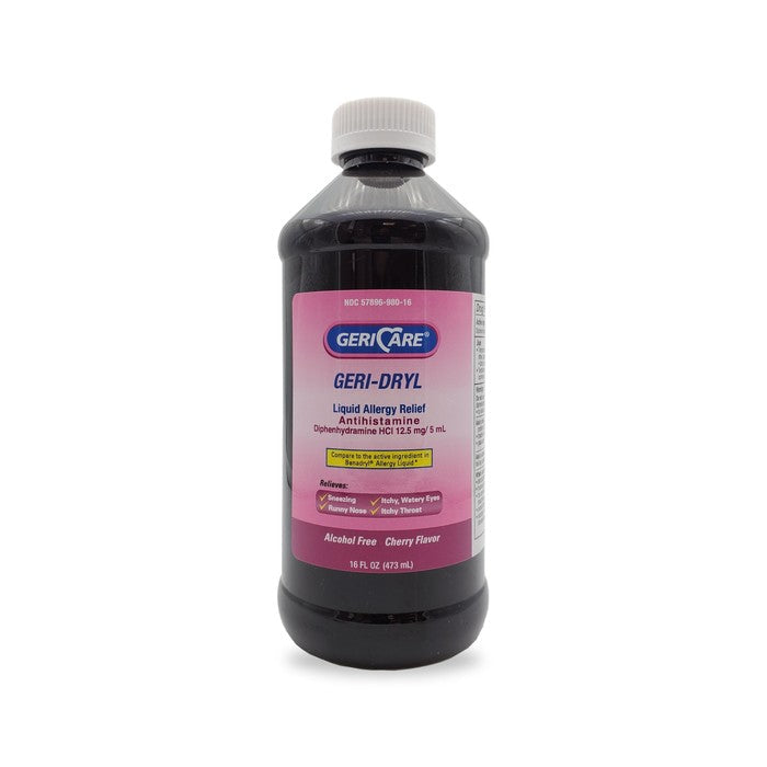 GeriCare Geri-Dryl Diphenhydramine HCI Solution in 16 fl oz bottle, medical product for allergy relief by Pasteur Pharmacy