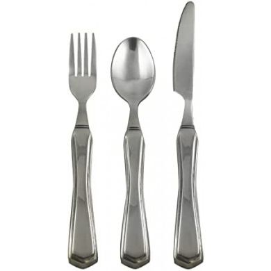 Heavy-duty weighted stainless steel utensil set with fork, knife, and spoon from Pasteur Pharmacy, designed for easy eating.