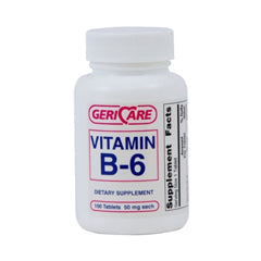 Geri-Care Vitamin B-6 supplement 50mg tablets in bottle, dietary supplement for nerve health, from Pasteur Pharmacy.