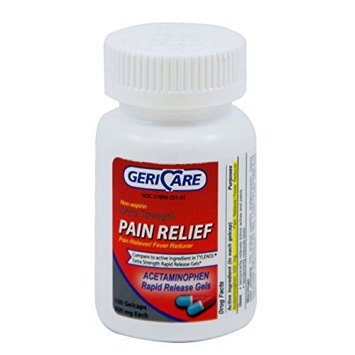 McKesson brand Extra Strength Rapid Release Pain Relief Gelcaps, 100 count, medical supplies, soft gel capsules for pain relief.