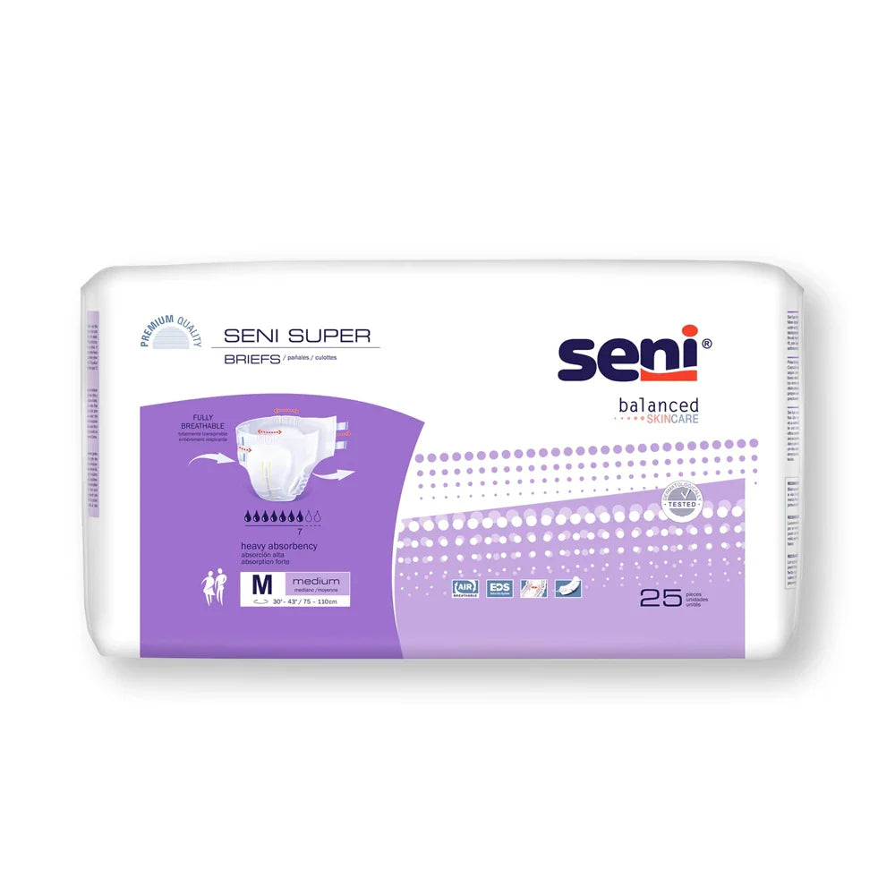 Seni Super unisex adult incontinence brief in medium size, heavy absorbency, disposable medical supply with white fabric and adjustable fit