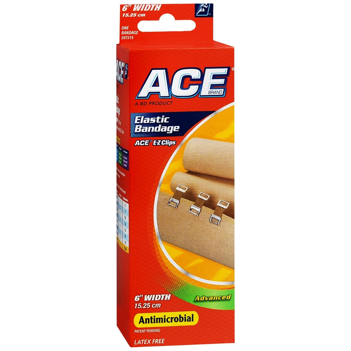 ACE 3M elastic bandage with clips, 6-inch wide, medical tape and bandages by Pasteur Pharmacy, shown rolled with clips attached.