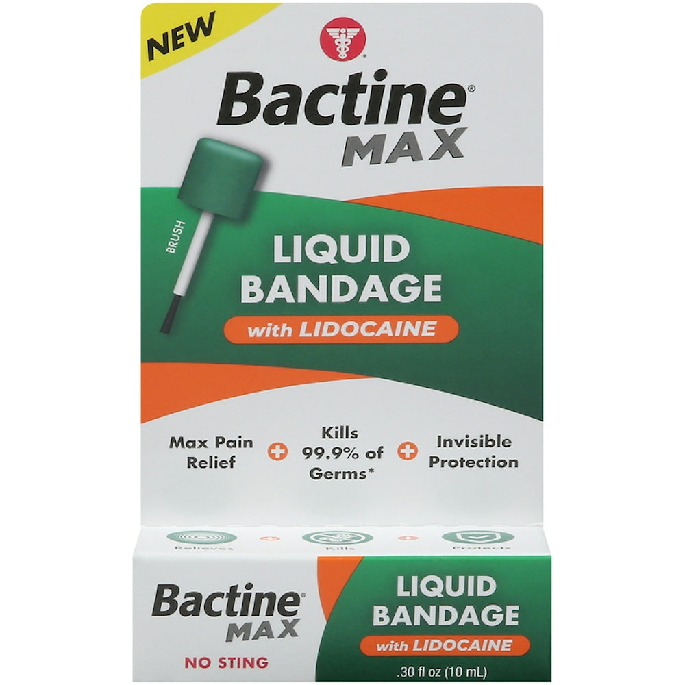 Bactine Max Liquid Bandage with Lidocaine from Pasteur Pharmacy, 0.3 oz, medical tape and bandage for wound care.
