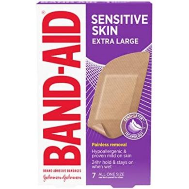 Extra large Band-Aid Sensitive Skin adhesive bandages by Pasteur Pharmacy, 7-pack, suitable for gentle skin protection.