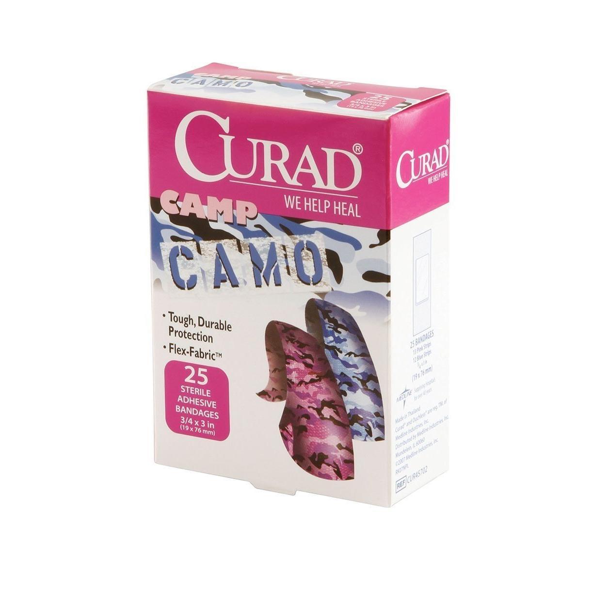 Curad adhesive bandages in camp camouflage pattern, 25-count pack, designed for wound protection and skin coverage.