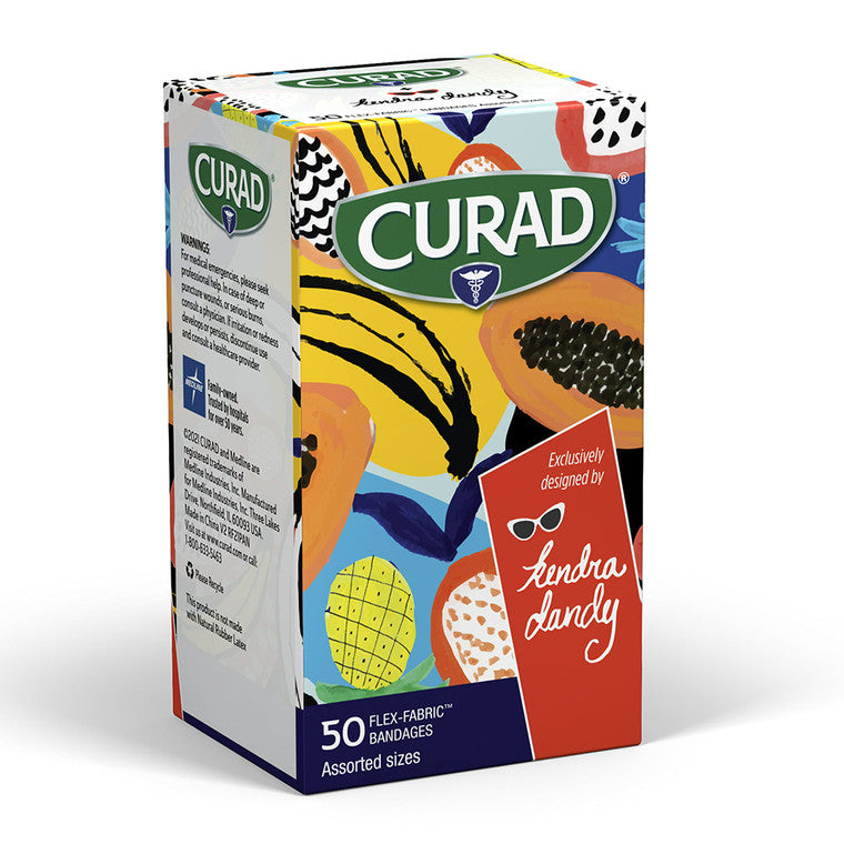 Curad Kendra Dandy designer bandages variety pack with standard strips and XL sizes, featuring colorful, artistic designs for wound care.