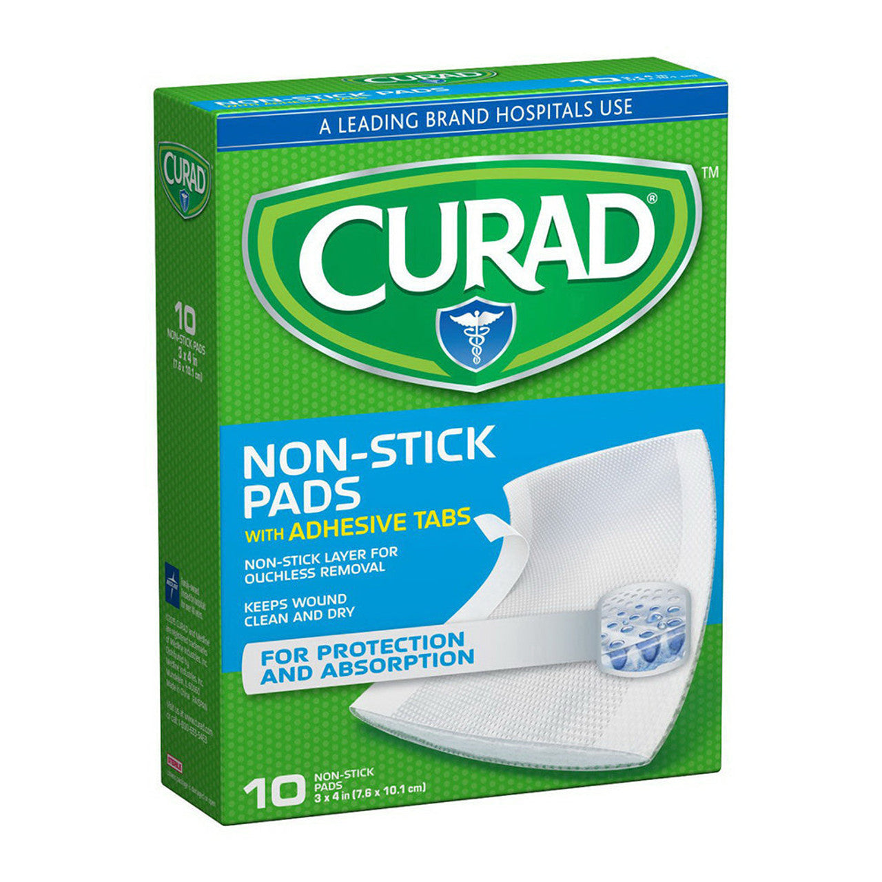 Curad Telfa non-stick medical pads, 3x4 inches, used for wound care, with a sterile, non-stick surface for Pasteur Pharmacy.