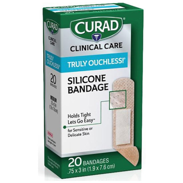 Curad Truly Ouchless flexible fabric bandage, 0.75x3 inches, designed for gentle wound protection and easy application.