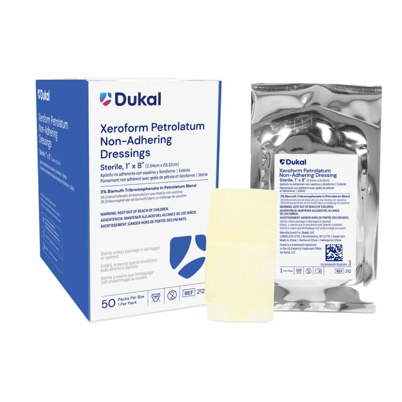 Duk Xeroform Petrolatum Gauze Dressing 1x8 inches, 50 count, medical bandage with petrolatum coating for wound care.