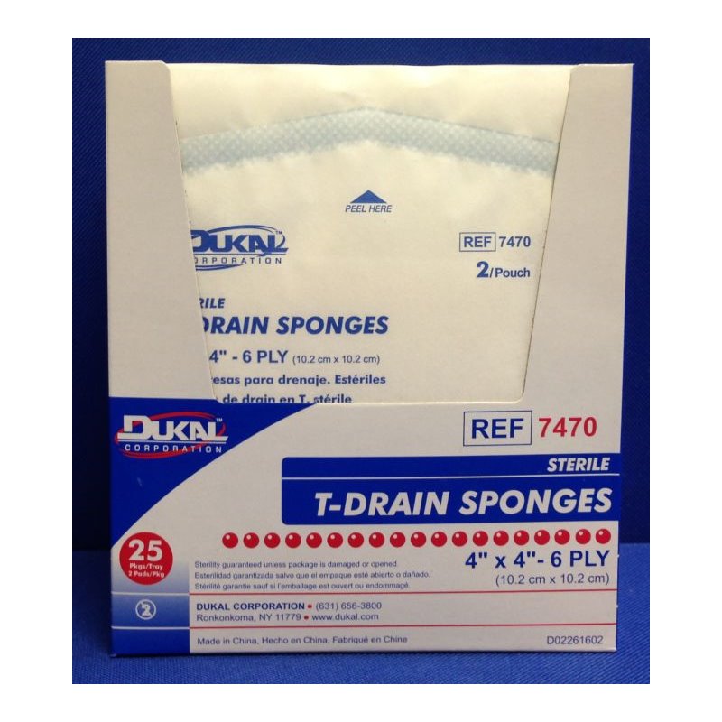 Sterile Dukal T-Drain IV sponge dressing, 4x4 inches, in a box of 25, used for medical wound care and IV site protection.