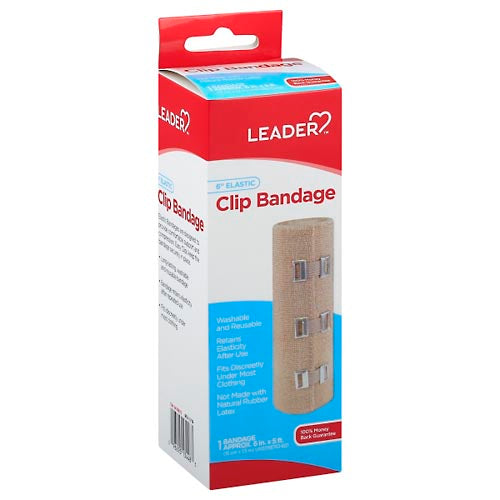 Leader Elastic Bandage with Clip, 6-inch medical tape and bandage by Pasteur Pharmacy, shown with clip for secure wrapping.