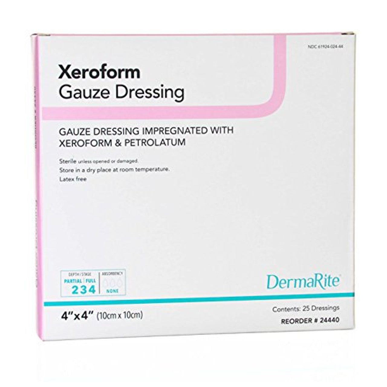Xeroform petrolatum impregnated dressing in a 4x4 square gauze pad, used for wound care, by Pasteur Pharmacy.