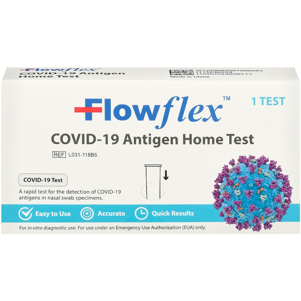 Flowflex Covid-19 Antigen Home Test kit by Pasteur Pharmacy, featuring the test device and packaging for easy COVID-19 detection.