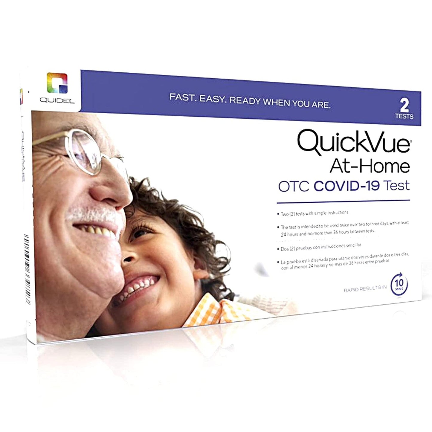 QuickVue At-Home OTC COVID-19 Antigen Test Kit by Pasteur Pharmacy, 25 count, medical testing kit with nasal swabs and test cassettes.