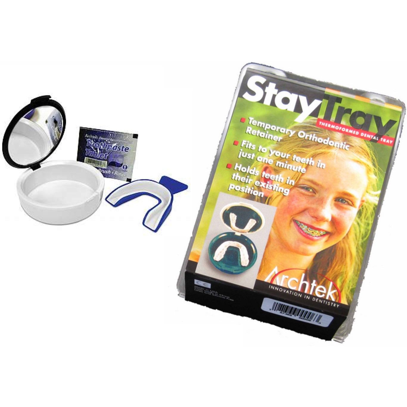 Archtek Denture Thermoformed Dental Stay Tray with case, used for denture storage and cleaning, in a medical cabinet setting.