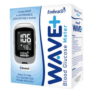 Embrace Wave+ blood glucose meter displayed inside a medicine cabinet for easy access and organization.