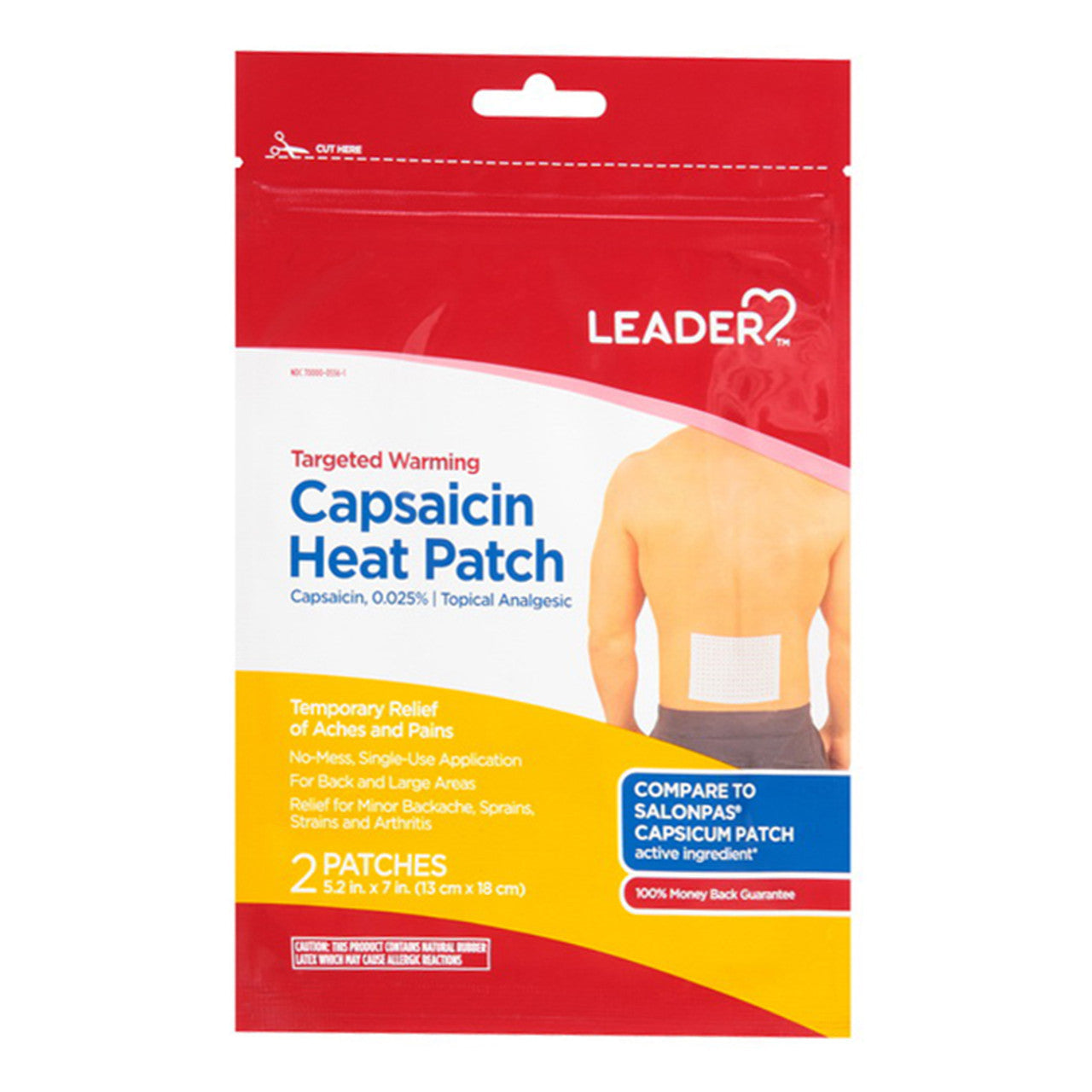 Leader™ Capsaicin Heat Patch from Pasteur Pharmacy, shown on a medicine cabinet, providing topical pain relief with heat therapy.