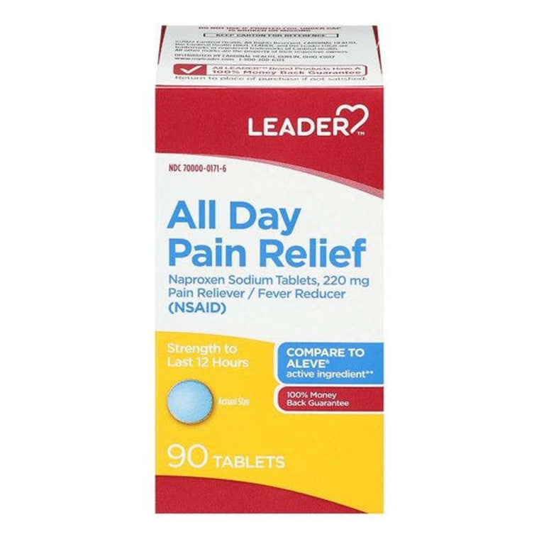 Leader Health Care All Day Pain Relief Tablets in a medicine cabinet, showing the packaging and blister pack.