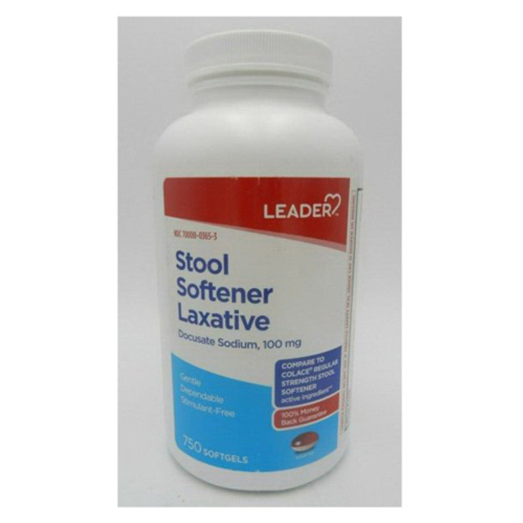 Leader Health Care Stool Softener laxative softgels with Docusate Sodium 100 mg, stored in a medicine cabinet.