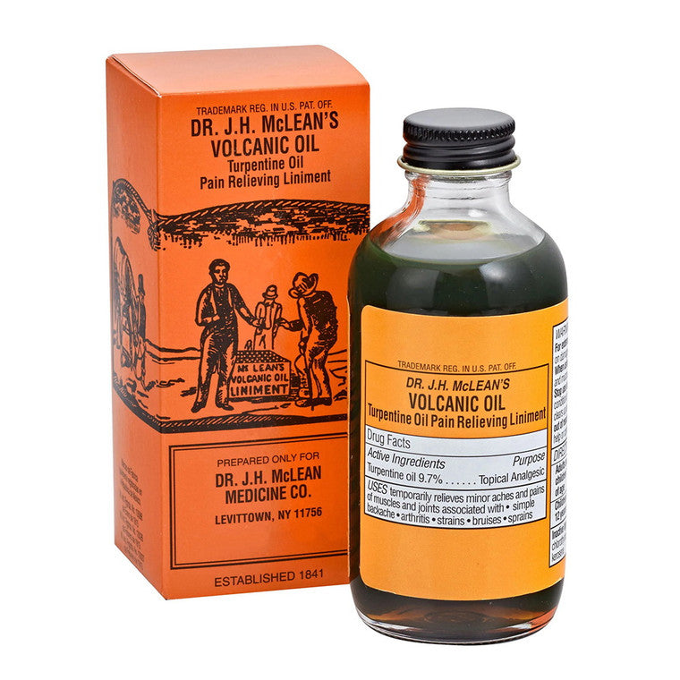 Oakhurst Dr. J.H. McLean's Volcanic Oil Pain Relieving Liniment bottle in a medicine cabinet, 8 fl oz, by Pasteur Pharmacy.