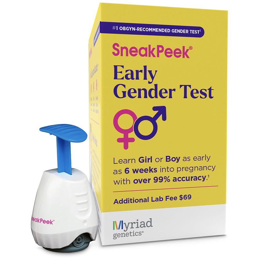 SneakPeek Early Gender Reveal Test kit inside a medicine cabinet, showing packaging by Pasteur Pharmacy.
